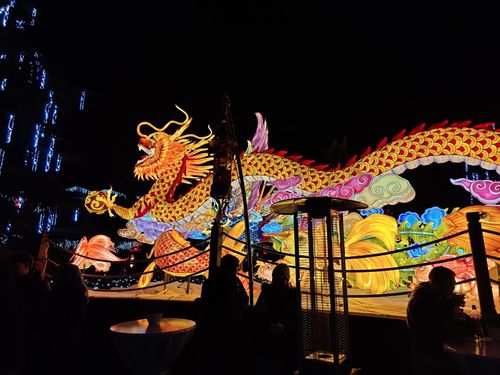 Prachtige expositie met verlichte Chinese Mythische Wezens.